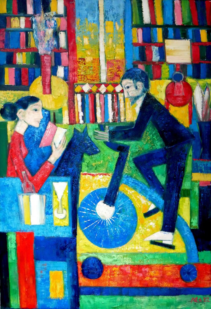 Painting oil on canvas Darek Pala We will reach spring on a poetic bicycle