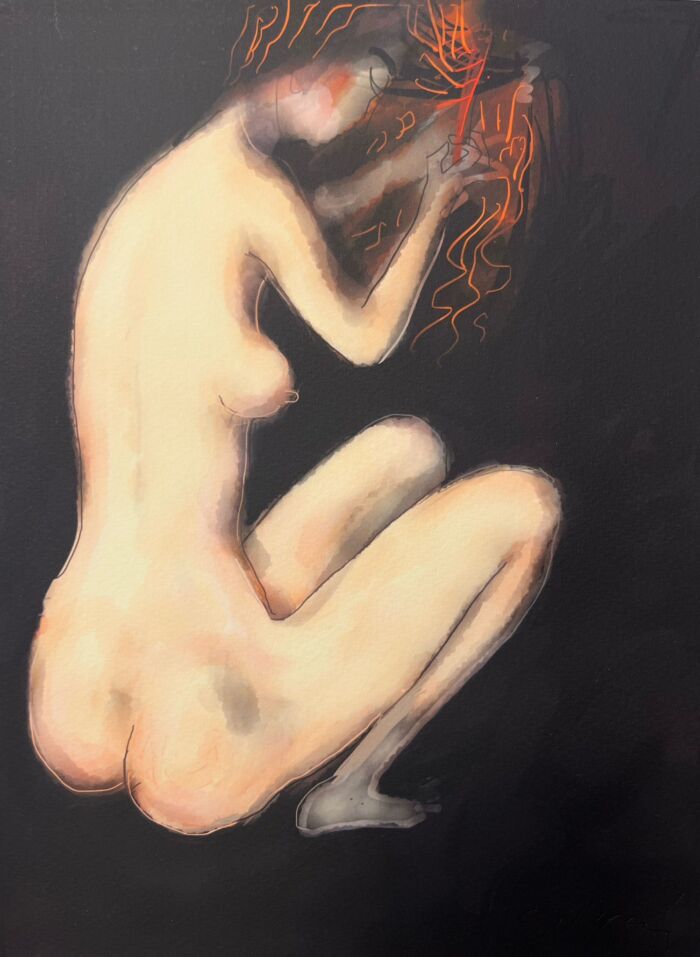 digital painting on paper Jozef Wilkoń nude combing-unique